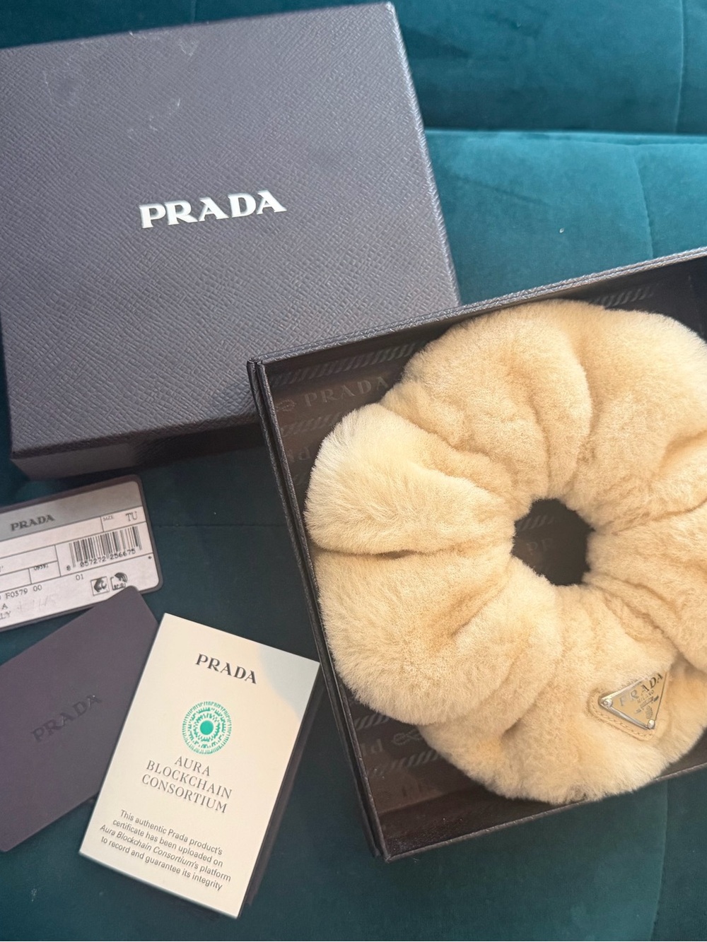 Prada Cream Shearling Scrunchie with Logo Plaque